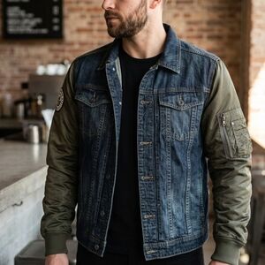 Buffalo David Bitton Denim Body with Olive Bomber Sleeves Jacket